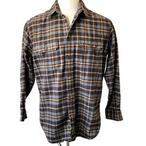 Woolrich Men's Shirt L Brown Blue Cream Flannel Plaid Outdoors Workwear Casual